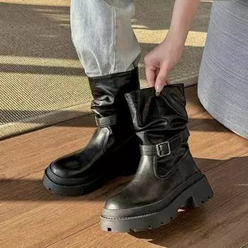 Shoes Female 2024 High Quality Slip-on Women s Boots Fashion Belt Buckle Modern Boots Women Hot Sale Round Toe Mid-Calf Boots 35 чёрный