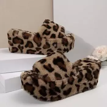 Shoes Female 2024 Hot Sale Autumn Indoor Women s Slippers Mixed Colors Leopard Print Open Toe Platform Increase Height Slippers 35 коричневый