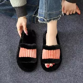 Shoes Female 2024 Hot Sale Plus Size Women s Slippers Warm Casual Slippers Women Mixed Colors Round Toe Flat with Ladies Shoes 36 бежевый