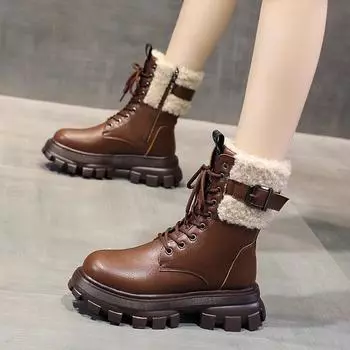 Shoes Female 2024 Mid-Calf Women s Boots Platform Modern Boots Women Buckle Round Toe Med Heel Front Lace-up Warm Ladies Shoes 35