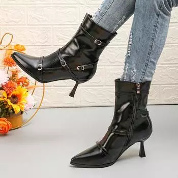 Shoes Female 2024 New Belt Buckle Women s Boots Fashion Side Zipp Office and Career Sexy Pointed Toe Ankle Boots Shoes Female 35 чёрный