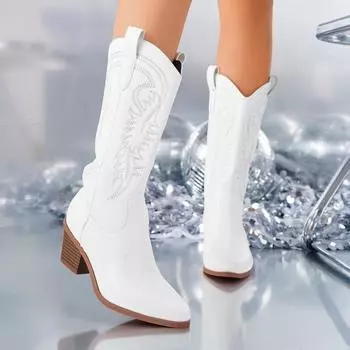 Shoes Female 2024 New Slip-on Women s Boots Fashion Embroidery Modern Boots Women Hot Sale Square Heel Mid-Calf Shoes Women 36 белый