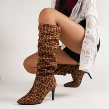 Shoes Female 2024 Plus Size Knee-High Women s Boots Slip on Modern Boots Women Leopard Pleated Pointed Toe Thin Heel Shoes Women 35