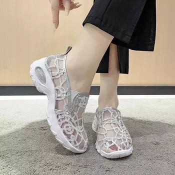 Shoes Female Wedge Sequin Mesh Breathable Shoes Women Gold Silver Platform Sneakers Women Height Increasing Wedges Sandals 35 серебряный