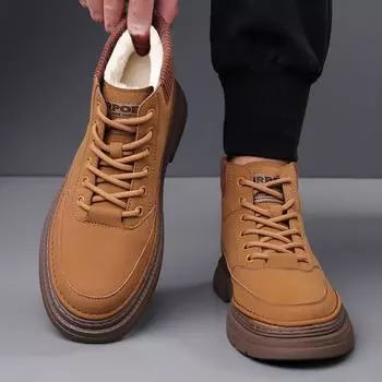 Shoes for Men Leather Boots Autumn Fashion High Tops Flat Shoes Outdoor Winter Warm Plush Ankle Boots 38