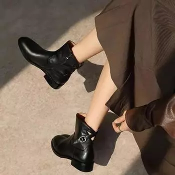 Shoes for Women 2024 Autumn New Fashion Women s Boots Hot Selling Round Toe Solid Low Heel Buckle Casual Short Boots Female 35 чёрный