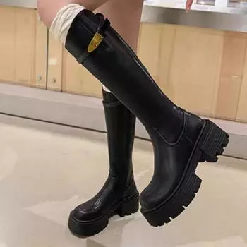 Shoes for Women 2024 Autumn Winter New Chunky Heel Platform Women s Knee High Boots High Quality Black High Barrel Knight Boots 35 чёрный