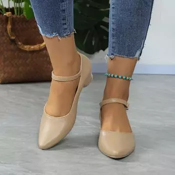 Туфли для женщин 2024 года, базовые женские туфли на высоком каблуке, фирменные офисные туфли-лодочки, женские туфли с заостренным носком, пряжкой, ремешком, квадратным каблуком 36 абрикосовый