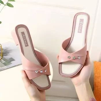 Shoes for Women 2024 Crystals Woman Slippers Outside Sandals Jewels Low Heel Summer Rhenstone Slides Jelly Pink I Footwear Eva W 36