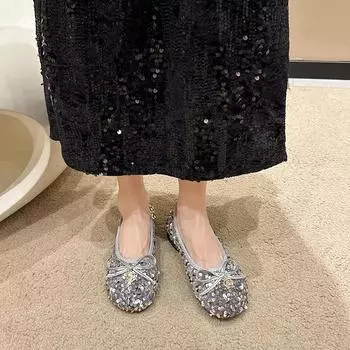 Shoes for Women 2024 Fashion Basic Women s Flats Outdoor Daily Flats Women Bling Bow Tie Round Toe Slip on Low Heel Shoes Female 35 серебряный