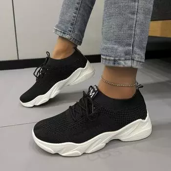 Shoes for Women 2024 Fashion Mesh Women s Vulcanize Shoes Breathable Women Sneakers Low Heel Lace Up Outdoor Ladies Casual Shoes 35 чёрный