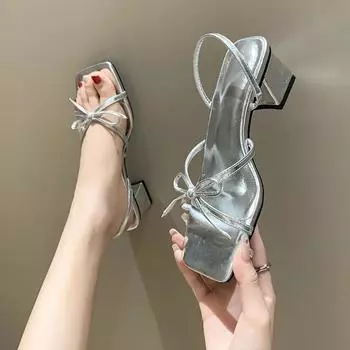 Shoes for Women 2024 High Quality Bow Tie Women s Sandals Sell Like Hot Cakes Shoes Female Open Toe High Heel Sandals 35 серебряный