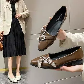 Shoes for Women 2024 New Fashion Glitter Buckle Low Heel Loafers Female Luxury PU Leather Shoes Ladies Pointed Toe Casual Shoes 35 бежевый