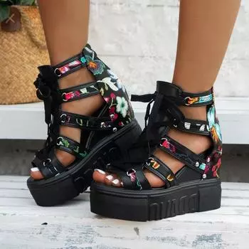Обувь для женщин 2024 года, новые римские сандалии, женские, на высоком каблуке, со шнуровкой, на танкетке, с застежкой-молнией сзади 37 чёрный