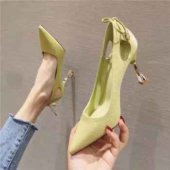 Shoes for Women 2024 Pumps on Heeled Ladies Summer Footwear High Heels Office with Bow Evening Yellow Stilito Popular Stylish E 34