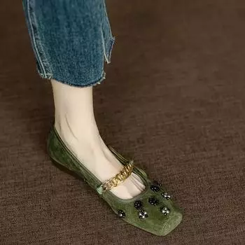 Туфли женские 2024 года, женские туфли-лодочки с бантом-бабочкой, осенние милые туфли Мэри Джейн на плоской подошве с квадратным носком и цепочкой, женские туфли 35 чёрный