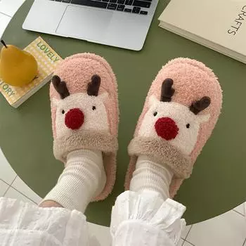 Shoes for Women Christmas Fluffy Fur Slipper Women Winter Warm Plush Home Slippers Flat Cute Slippers Men Women Couples Slippers 36-37(fit 34-35)