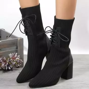 Shoes for Women Pointed Chunky Heel Boots Lace-up Knit Sock Boots Women Plus Size Non-slip Banquet Women Boots Botas De Mujer 36 бежевый