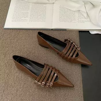 Shoes for Women Pumps Low Heel Pointed Toe Goth Sexy Elegant Woman Heeled White Loafers Slip on New in Belt Buckle 35 коричневый