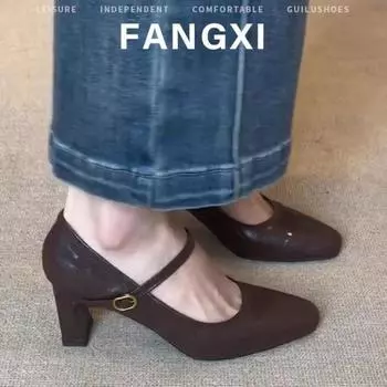 Shoes for Women Slip-on Outdoors Round Toe 2024 New Square Heel Women s High Heels Solid Color Ladies Shoes Zapatos Mujer 35 чёрный