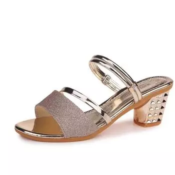 Shoes for Women Summer Fashion Black Silver Gold Platform Slippers High Heel Low Block Square Female Sandals Pump Slip on Slides 35