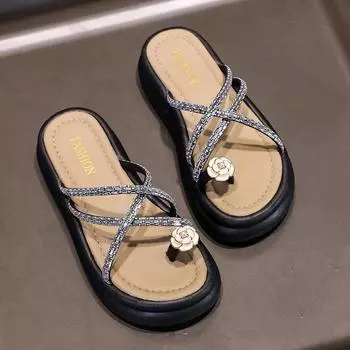 Shoes Ladies 2024 Summer New Fashion Open Toed Beach Slippers Women Fashion Thick Sole Pearl Flip Flops Zapatos De Mujer 35