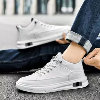 Shoes Men s 2024 New Spring and Autumn Mid-Help Black Versatile Black Leather Shoes ins Trend Boys Casual Board Shoes 39