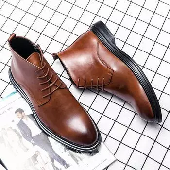 Shoes Men s Four Seasons Men s High Top Shoes Leather Boots Men s Shoes Martin Boots Men s Medium Top Leather Shoes Men s British Bullock Short Boots 38 коричневый