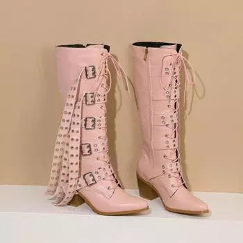 Shoes new retro fashion boots punk style platform thick heel high heel belt buckle side zipper female but knee 34 чёрный