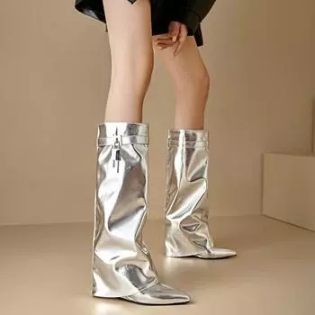 Shoes New Women s But Knee Boots Pointed Wedge Heel High Heel Gold Silver Sleeve Knight Boots Women s High 34 золотой