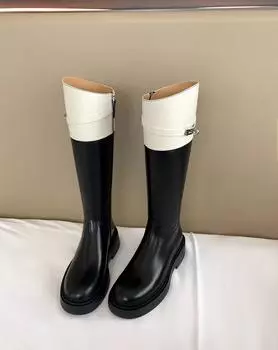 Shoes round head color matching lock thick heel medium and high boots knight boots women s boots autumn 35 чёрный