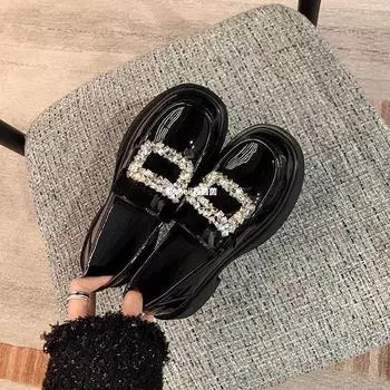 Shoes round head rhinestone square buckle thick sole thick heel loafer single shoes women s small leather shoes autumn 34 чёрный