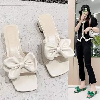 Туфли Тапочки Повседневные Шлепанцы Квадратный Носок Низкий Женский Каблук Роскошный Летний Высокий Тонкий Мягкая ПУ Мода Лаконичный Ткань Резина Пластик Ро 35