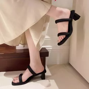 Shoes Square Heel Ladies Slippers Rubber Flip Flops Slipers Women Heeled Mules Block Hawaiian 2024 Summer High Rome Slides PU 35 чёрный