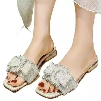 Shoes Woman 2024 Slippers Summer Low Luxury Slides Pantofle Jelly Flip Flops Square heel Designer New Flat Glitter Block Rubber 35