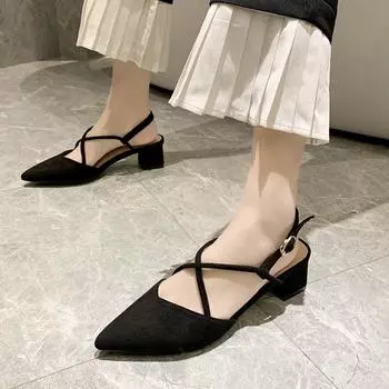 Shoes Woman 2024 Summer Sandals Women Square High Heels Pumps Female Sandals Hight Heels Shoes Ladies Flock Point Toe Sandals 35 чёрный