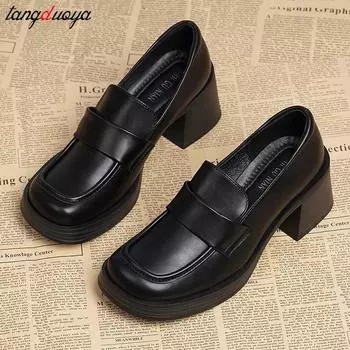 shoes woman 2024 trend Chunky Loafers Retro Round Toe Mary Janes shoes Platform Med Heels oxfords shoes Lady Vintage Pumps 4.5 чёрный