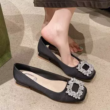 Shoes Woman Comfortable and Elegant Autumn Female Footwear Shallow Mouth Crystal Square Toe Buckle Fall Dress Summer Rhinestone 35 чёрный