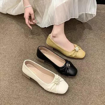 Shoes Woman Flats Modis Autumn Pearl Decorateion Low Heels Dress Boat 2024 New Fall Beading Summer Mary Janes Pearl Decorateion 35 бежевый