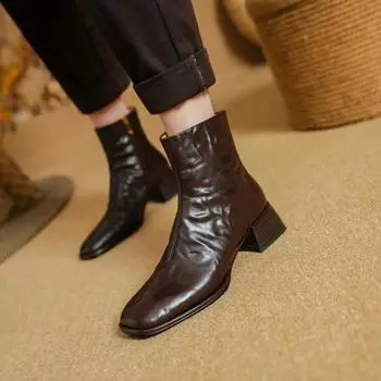 Shoes Women s Leather Boots Round Toe Boots-Women Zipper Med Autumn Ankle Ladies 2024 Flock Synthetic Hoof Heels Cotton Fabric 35 чёрный