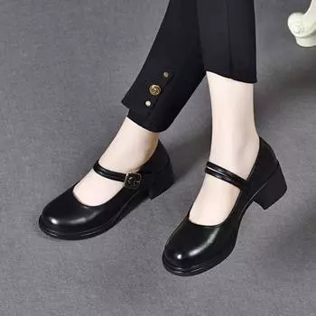 shoes women s thick-heeled single shoes one-word buckle round head shallow mouth women s shoes first-layer cowhide women s four-season shoes 35
