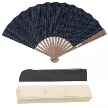 Shoroku Summer folding fan with fan bag and sashiko folding fashion folding crafts [Nishikawa Shoten] box, fan, ladies present, gift, fan, тёмно-синий