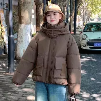 Короткая 2024 - утепленная одежда, новая зимняя мода с капюшоном, утолщенная свободная - утепленная куртка M чёрный