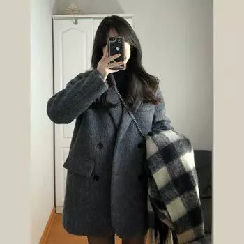 Short Autumn and Winter Suit Hepburn Style Woolen Outwear Dark gray XS