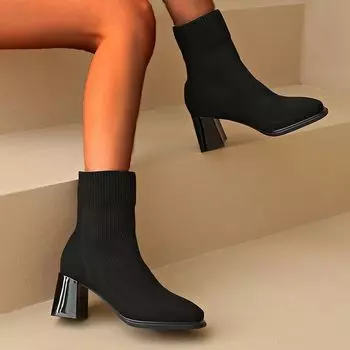 Short boots socks boots elastic boots 2025 new women s socks boots thick heel knitted square head autumn and winter high heel thin boots medium heel 35