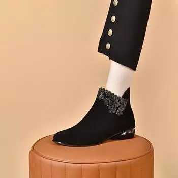 Short boots women s new round head black sheepskin hot diamond fashion boots two high cotton boots leather boots 34