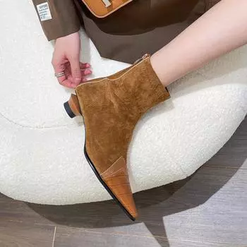 Short boots women s splicing retro pointed boots 2024 autumn and winter velvet kitten and elastic thin boots tide 35 коричневый