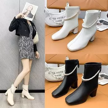 Short Boots Women Spring And Autumn Single Boots New Pointed Thick Heel Stretch Boots Fashion Pearl Riding Boots 43 белый