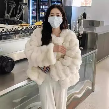 Короткая женская одежда из меха пузырей, пушистая куртка на осень и зиму с круглым вырезом, имитация меха кролика, модная свободная плюшевая верхняя часть, модный S белый