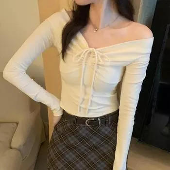 Короткая укороченная футболка с V-образным вырезом и длинными рукавами, женская весенняя футболка с тонкой талией, сладкий и пикантный топ S